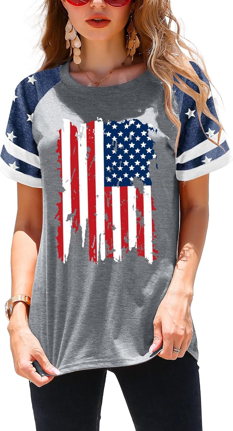 American Flag Shirt Women 4Th of July Shirts USA Flag Graphic Patriotic Tshirt Raglan Color Block Tops