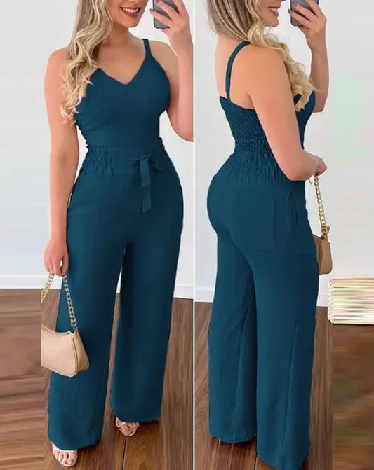 2024 Summer Women's Elegant V-Neck Jumpsuit Set with Shirred Cami Top and High Waist Pants - New Fashion Casual One Piece"