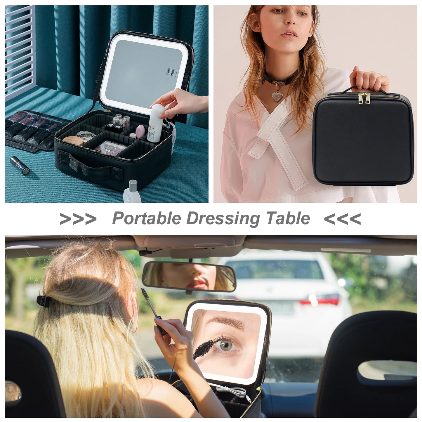 Makeup Bag with Mirror and Lights 3 Color Settings Makeup Train Case with Adjustable Dividers Waterproof Portable Large Cosmetic