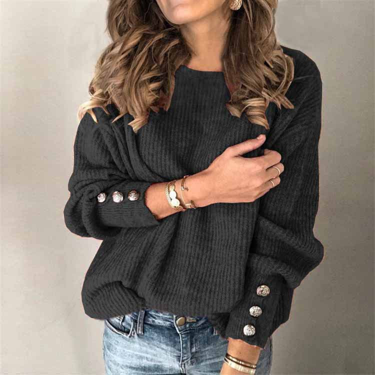 Long Sleeve Round Neck Button Knit T-shirt