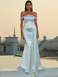 Satin Off Shoulder Draped Side Mermaid Hem Satin Formal Dress