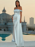 Satin Off Shoulder Draped Side Mermaid Hem Satin Formal Dress