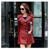 Red Slim-fit PU leather trench coat / European Style