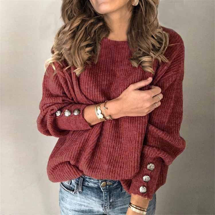 Long Sleeve Round Neck Button Knit T-shirt