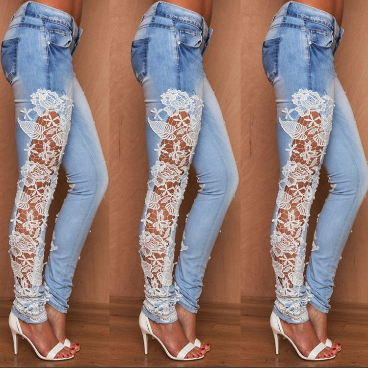 Button Fly Jeans for Women Lace Cutout Jeans Embroidered Jean Low Rise Jeans  with Pockets Elastic Skinny Jean Denim Pant - Walmart.com