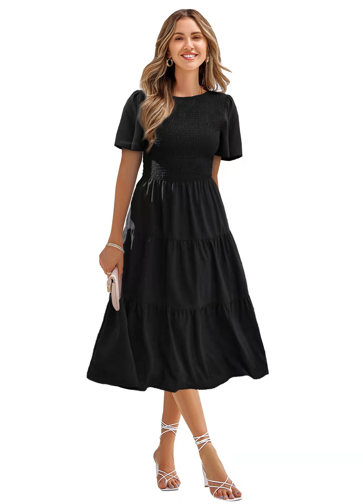Women's Round Neck Smocked Short Sleeve Casual Dress Swing Flowy Ruffl Trendy ShopLand Women's Round Neck Smocked Short Sleeve Casual Dress Swing Flowy Ruffl Trendy ShopLand