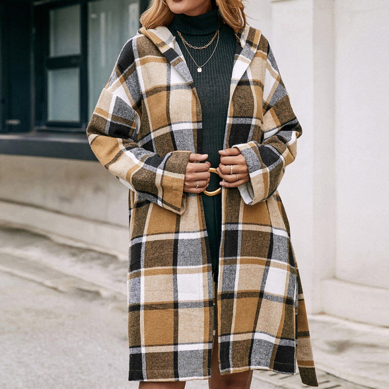 Loose Casual Plaid Mid-length Belted Hooded Jacket | Polyester Fiber Fabric