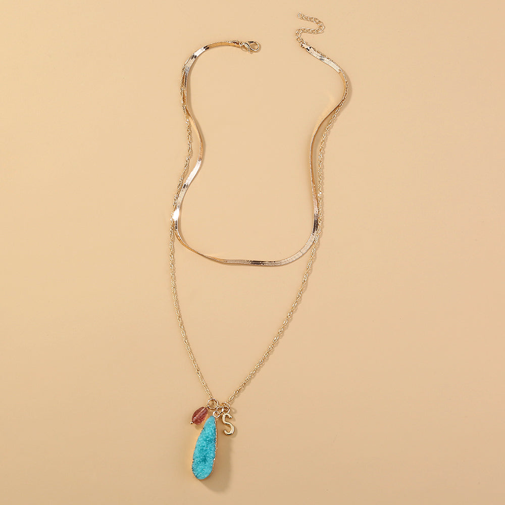 Simple And Stylish Double-layer Necklace With Blue Natural Stone Water Drop Pendant