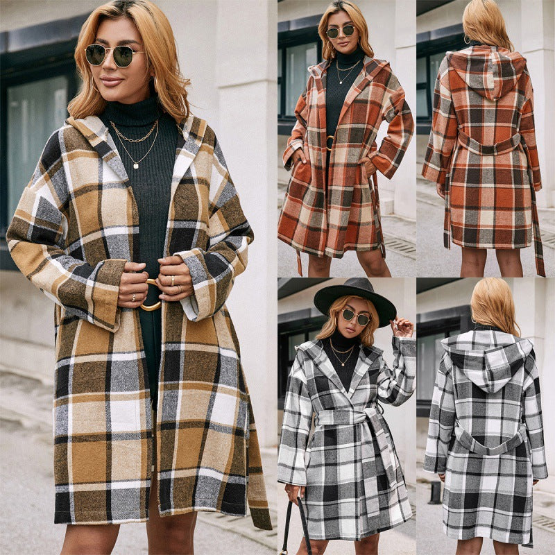 Loose Casual Plaid Mid-length Belted Hooded Jacket | Polyester Fiber Fabric