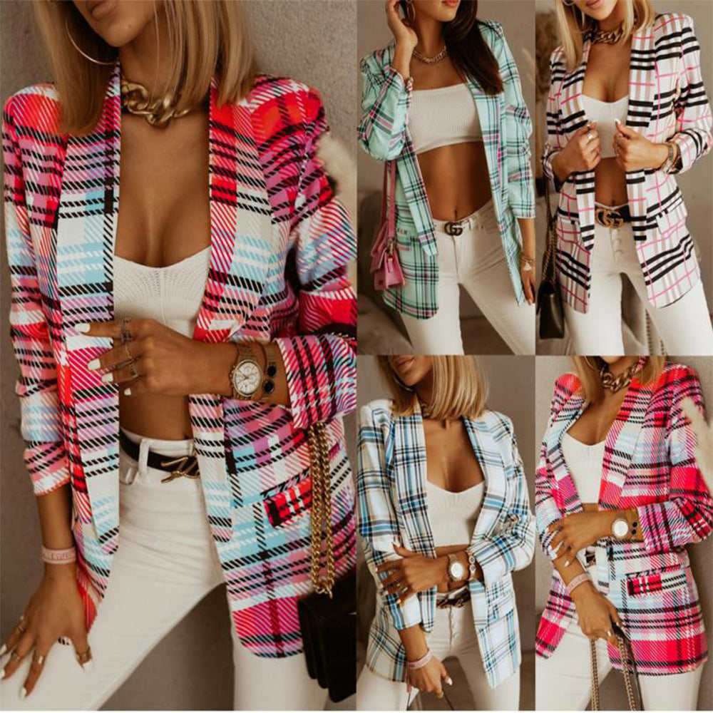 Plaid Lapel Suit Women Casual Buttonless Long-Sleeved Straight Top Coat