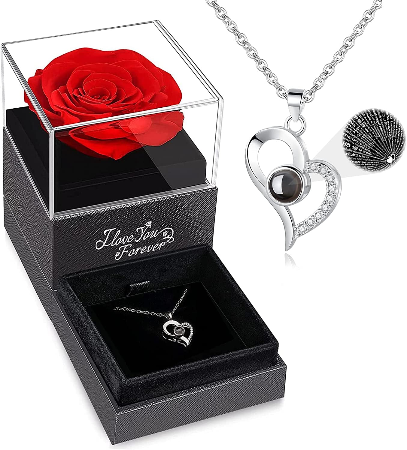Preserved Real Rose with I Love You Necklace, Valentines Day Gifts for Her, Forever Flowers Gifts for Women, Mom, Wife and Girlfriend, Anniversary Birthday Gifts for Women