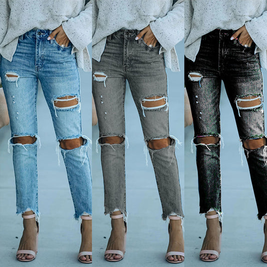 Slim-Fit Ripped High-Rise Jeans With Fringed Hem