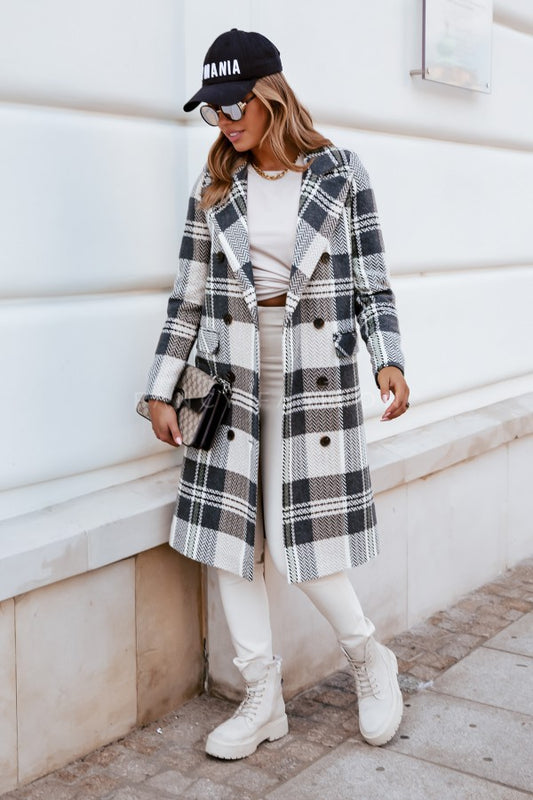 Fashion Plaid Woolen Coat | Stylish Outerwear in Polyester Blend