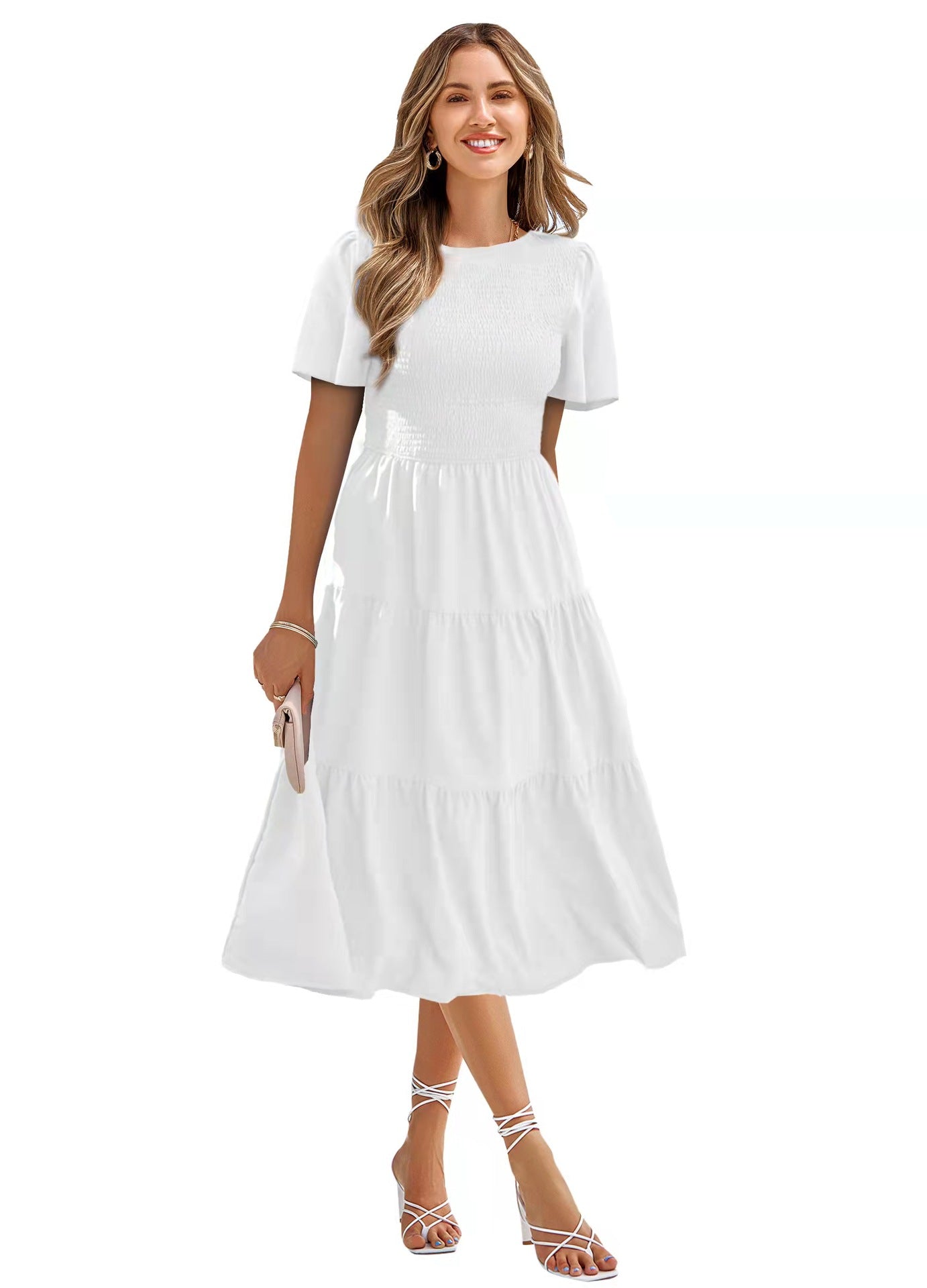 Women's Round Neck Smocked Short Sleeve Casual Dress Swing Flowy Ruffl Trendy ShopLand Women's Round Neck Smocked Short Sleeve Casual Dress Swing Flowy Ruffl Trendy ShopLand