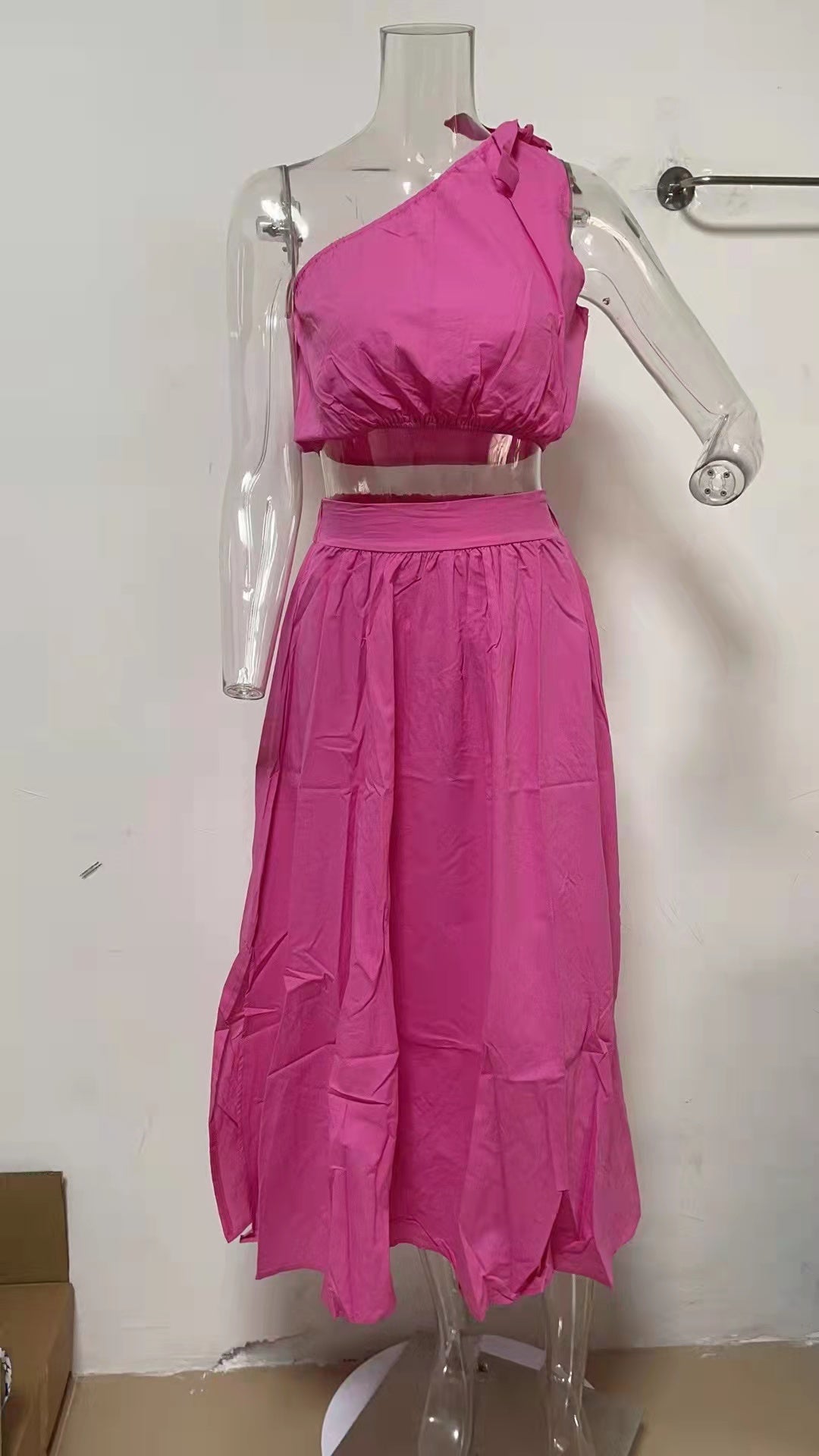 Spring & Summer Solid Color Temperament Commute Shoulder Lace-up Two-Piece Dress
