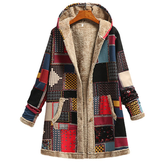 Vintage Cotton and linen printed hooded jacket | Warm plush jacket | Women Winter Casual