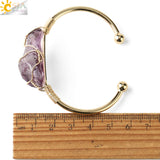 Natural Stone Bangles Cuff Copper Bracelets for Women Gold-Color Wire Wrap Irregular Crystal Quartz