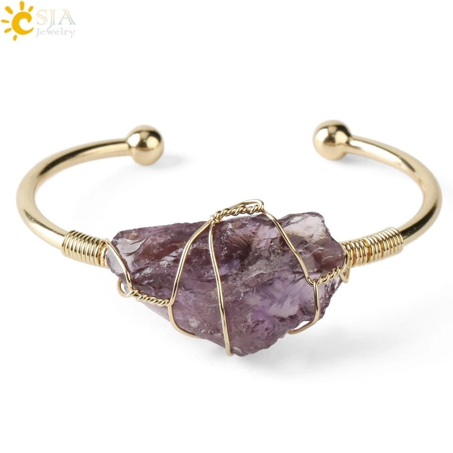 Natural Stone Bangles Cuff Copper Bracelets for Women Gold-Color Wire Wrap Irregular Crystal Quartz