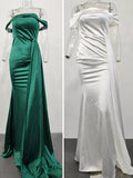 Satin Off Shoulder Draped Side Mermaid Hem Satin Formal Dress