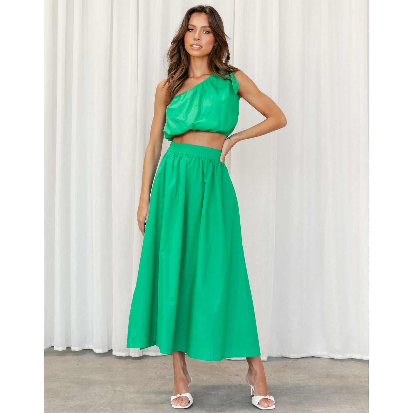 Spring & Summer Solid Color Temperament Commute Shoulder Lace-up Two-Piece Dress