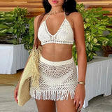 Knitted Crochet Beach Outfits: Chest Wrap Bra Top + Tassel Skirt Set for Women's Summer Holiday