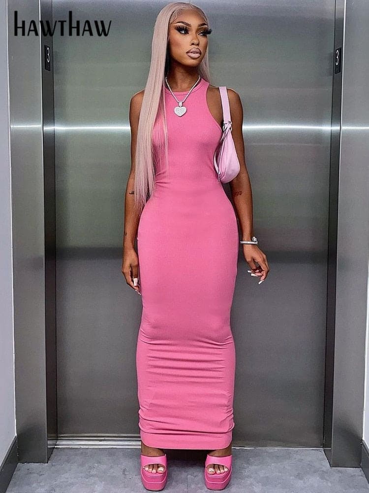 Summer Women's Sleeveless Streetwear Pink Bodycon Pencil Long Dress