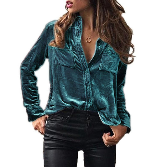 Velvet Shirt Women Velour Button Up Shirt Ladies Pocket Winter Long Sleeve