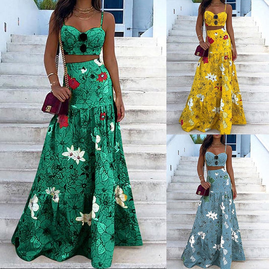 Latest Dress Styke with Floral Print Two Piece Set Maxi Skirt Spaghetti Strap Crop Top Long Skirt Floral Set Women Summer Dress Suits