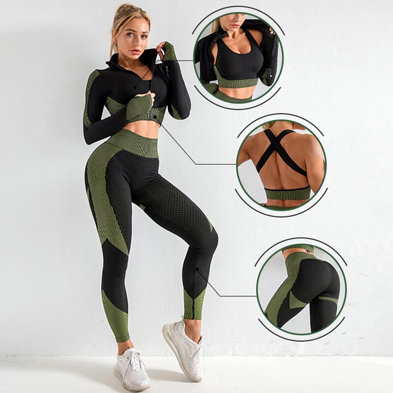 Women 3pcs Seamless Workout Outfits Sets | Yoga Sportswear Tracksuit Leggings and Stretch Sports Bra | Anti-Pilling, Anti-Shrink, Breathable