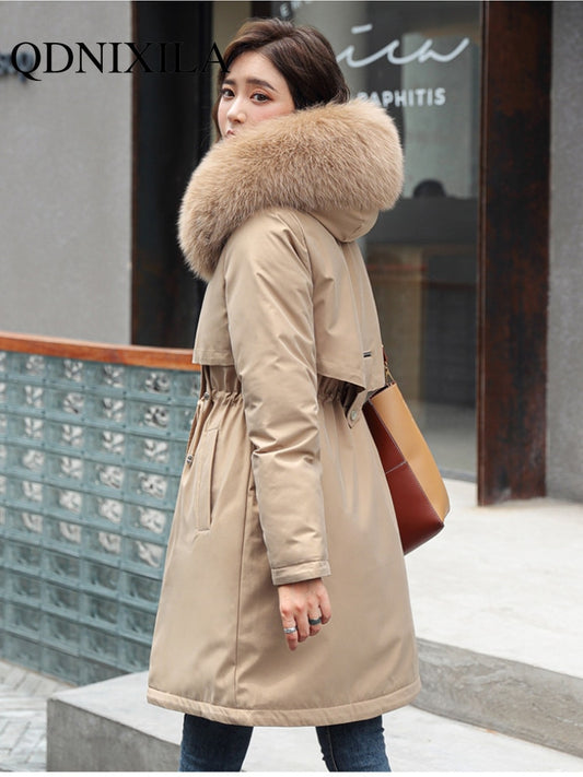 Winter Women's Parkas Plush Cotton Jacket Thick Coat with Hood Oversized Midi Long Wool Collar Warm Padded Hot Coats
