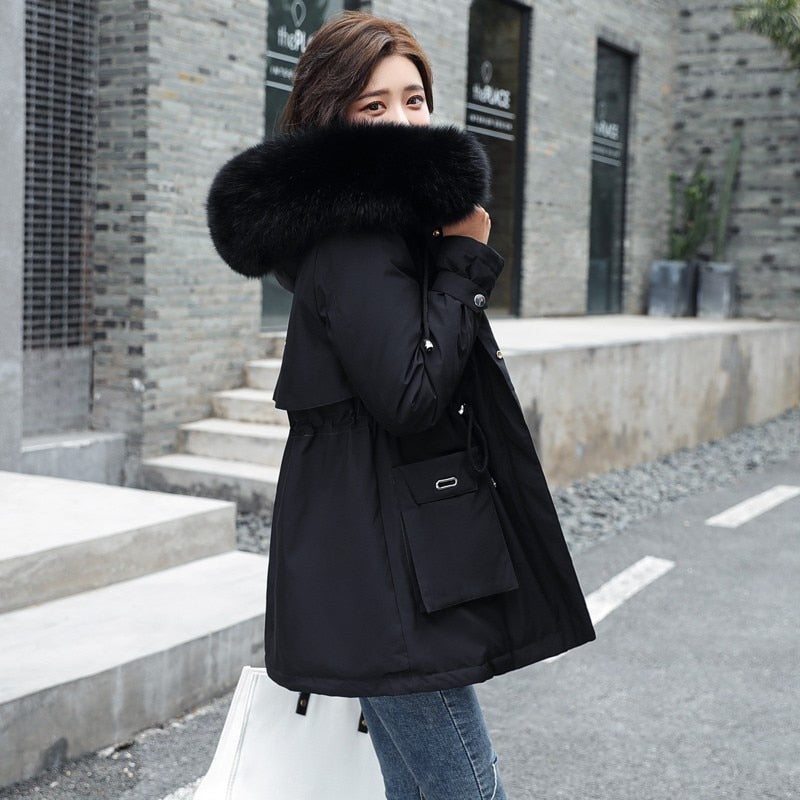 Winter Parkas Women Large Fur Collar Hooded Jacket - Heavyweight & Warm