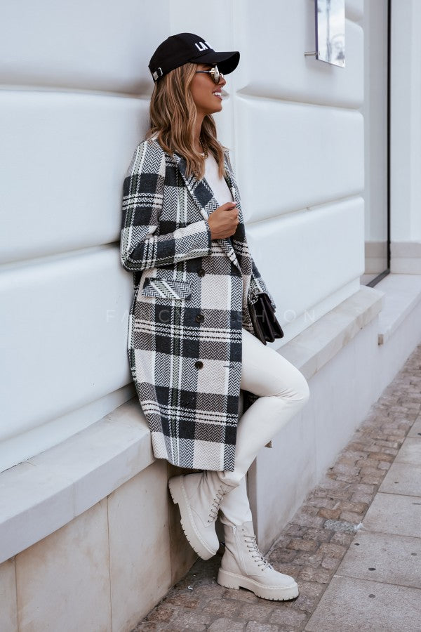 Fashion Plaid Woolen Coat | Stylish Outerwear in Polyester Blend
