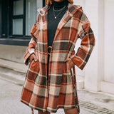 Loose Casual Plaid Mid-length Belted Hood