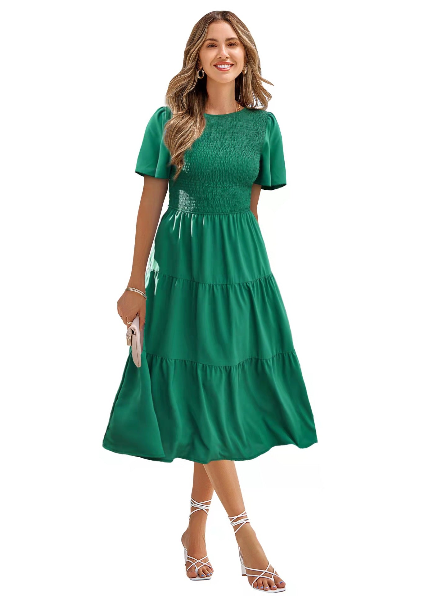 Women's Round Neck Smocked Short Sleeve Casual Dress Swing Flowy Ruffl Trendy ShopLand Women's Round Neck Smocked Short Sleeve Casual Dress Swing Flowy Ruffl Trendy ShopLand