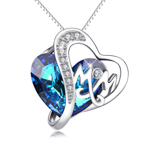 Mom Pendant Necklace Blue Heart Crystal Jewelry for Mom Grandma