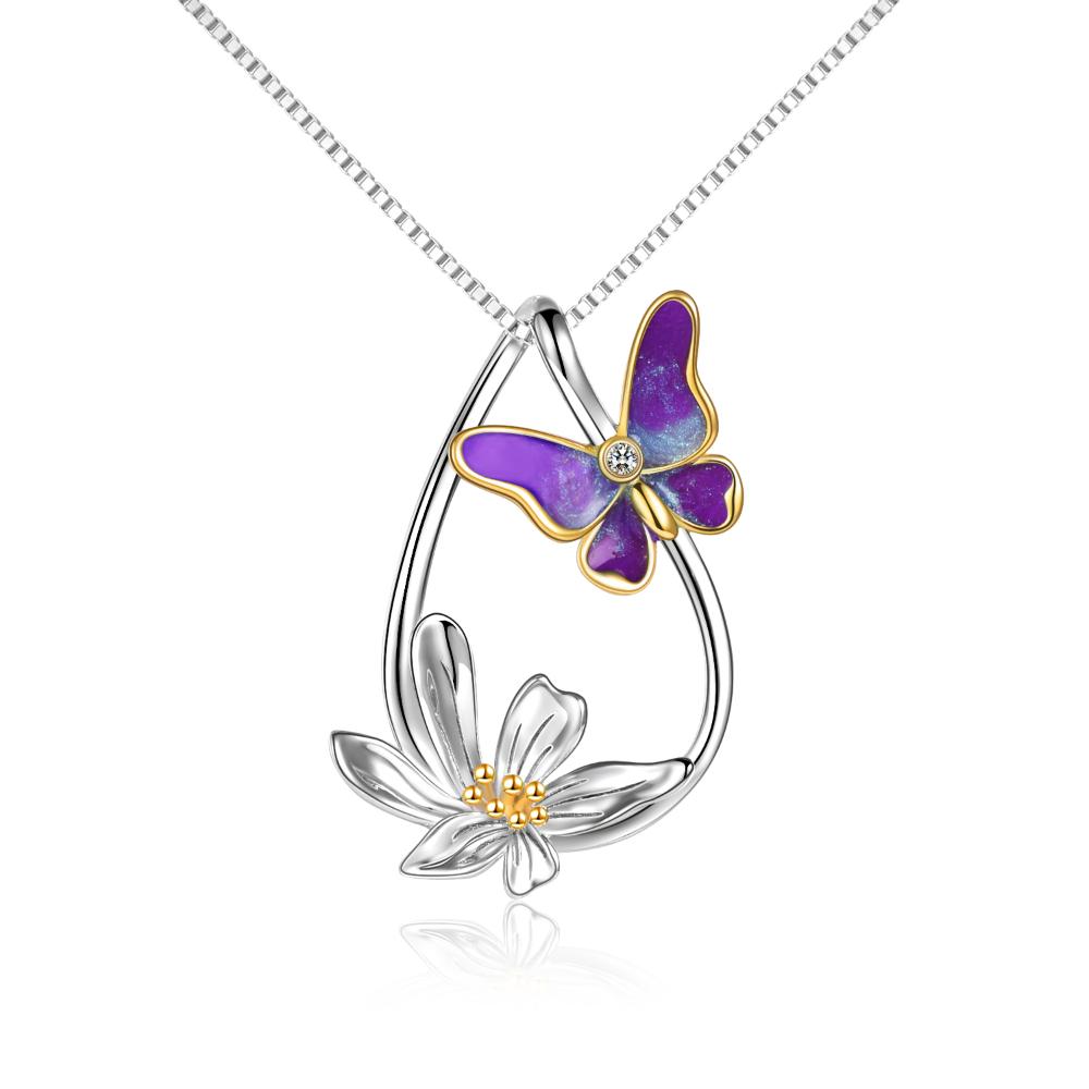 Sterling Silver Butterfly Pendant Gold Plated Teardrop Daisy  Necklace
