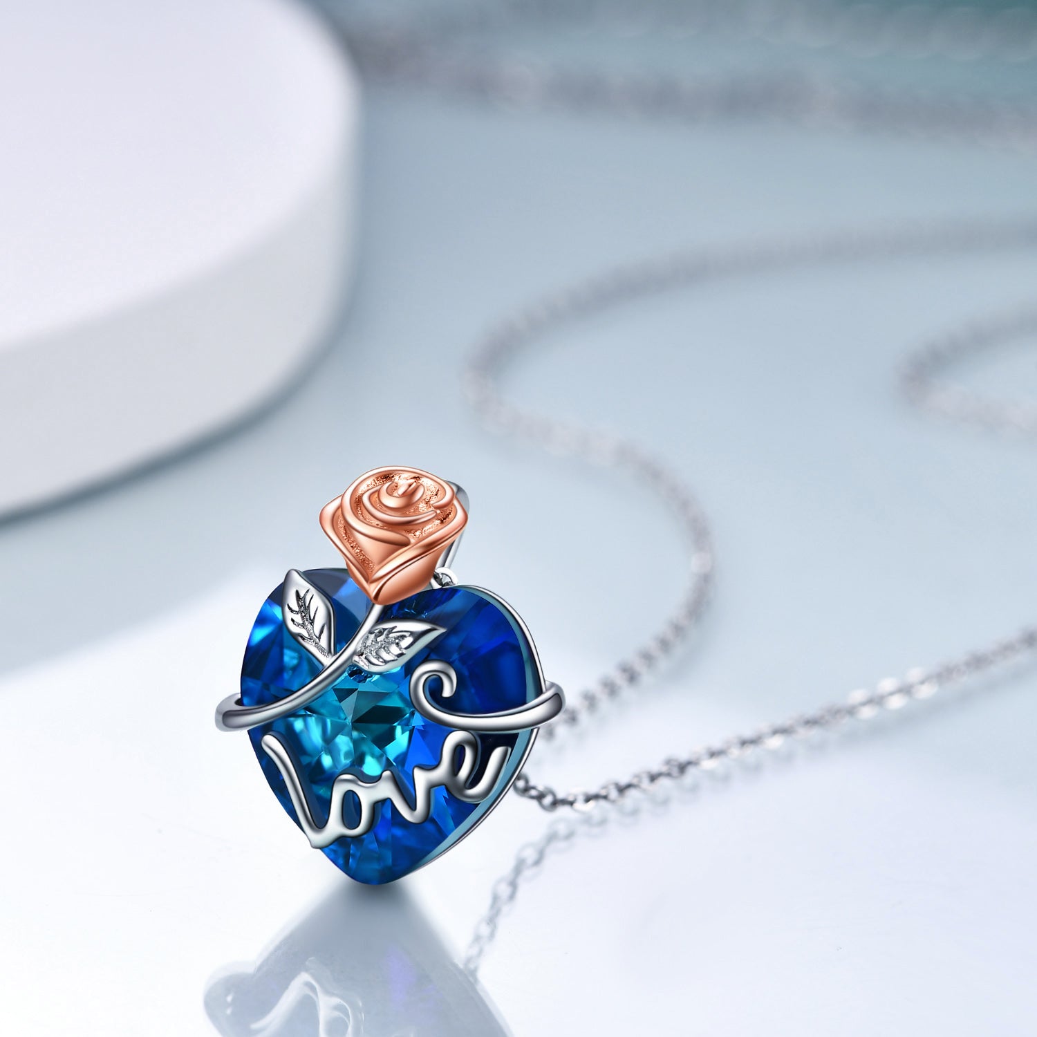 Rose Necklace for Women Anniversary Jewelry Gifts for Her Sapphire Blue Heart Pendant for Birthday