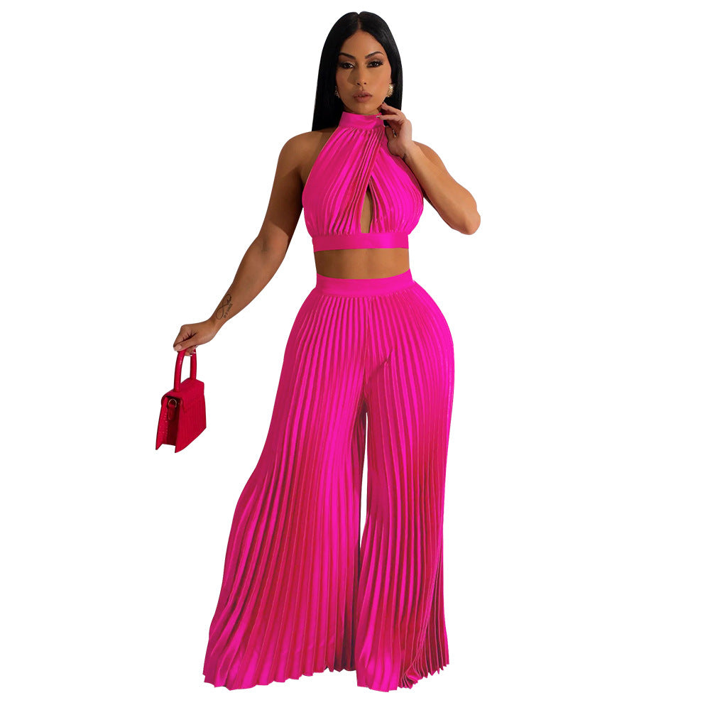 Effortless Elegance - Women's Halter Silk-Like Pleated Two-Piece Set