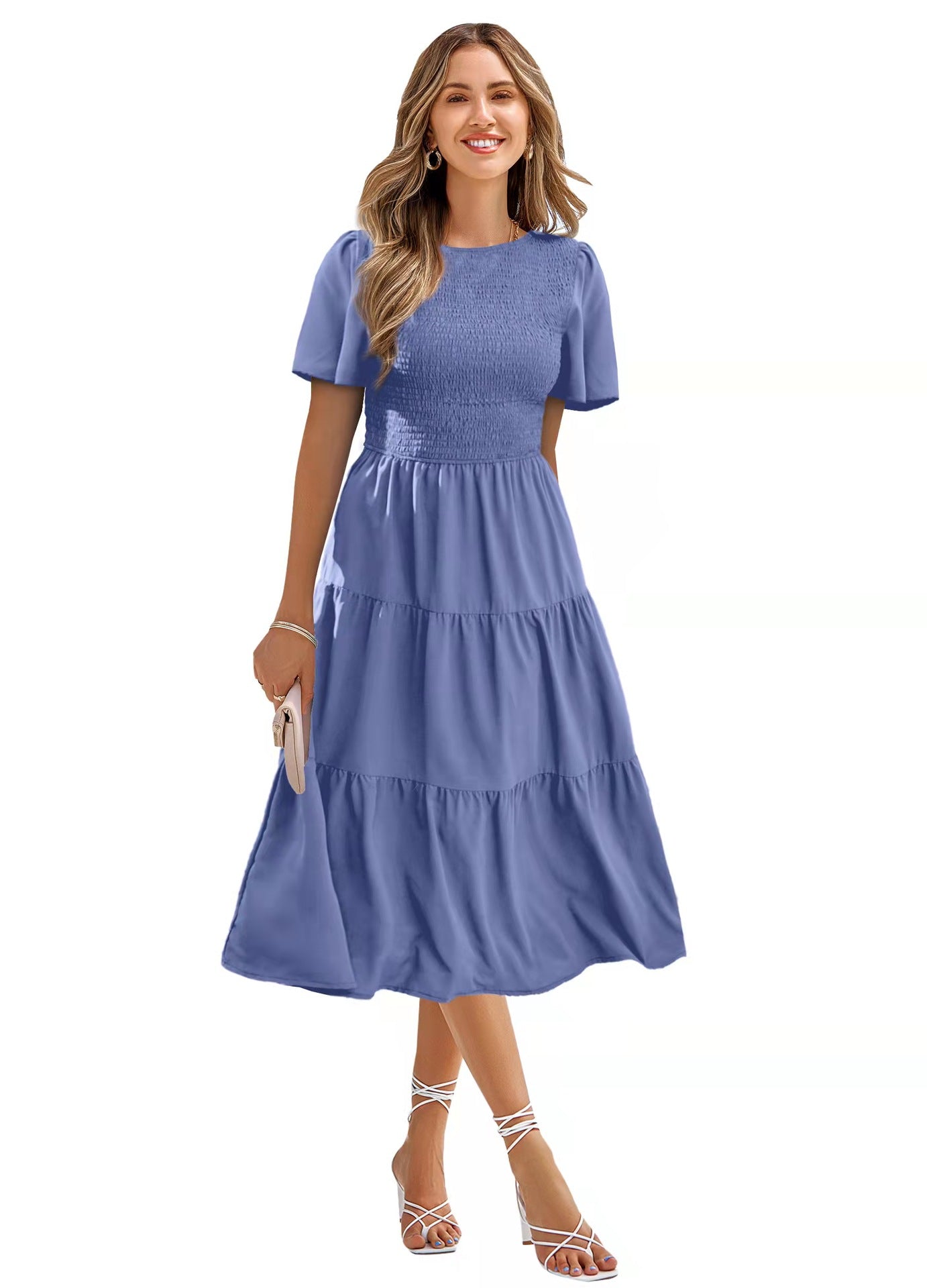 Women's Round Neck Smocked Short Sleeve Casual Dress Swing Flowy Ruffl Trendy ShopLand Women's Round Neck Smocked Short Sleeve Casual Dress Swing Flowy Ruffl Trendy ShopLand