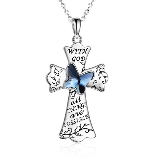Butterfly Crystal Cross Necklaces for Women Sterling Silver